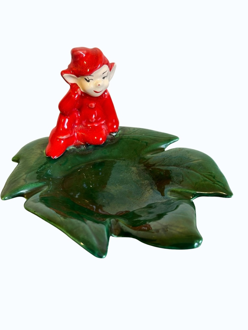 Vintage 1950s Ceramic Red Pixie Elf on Green Leaf Trinket Dish MCM Kitschy
